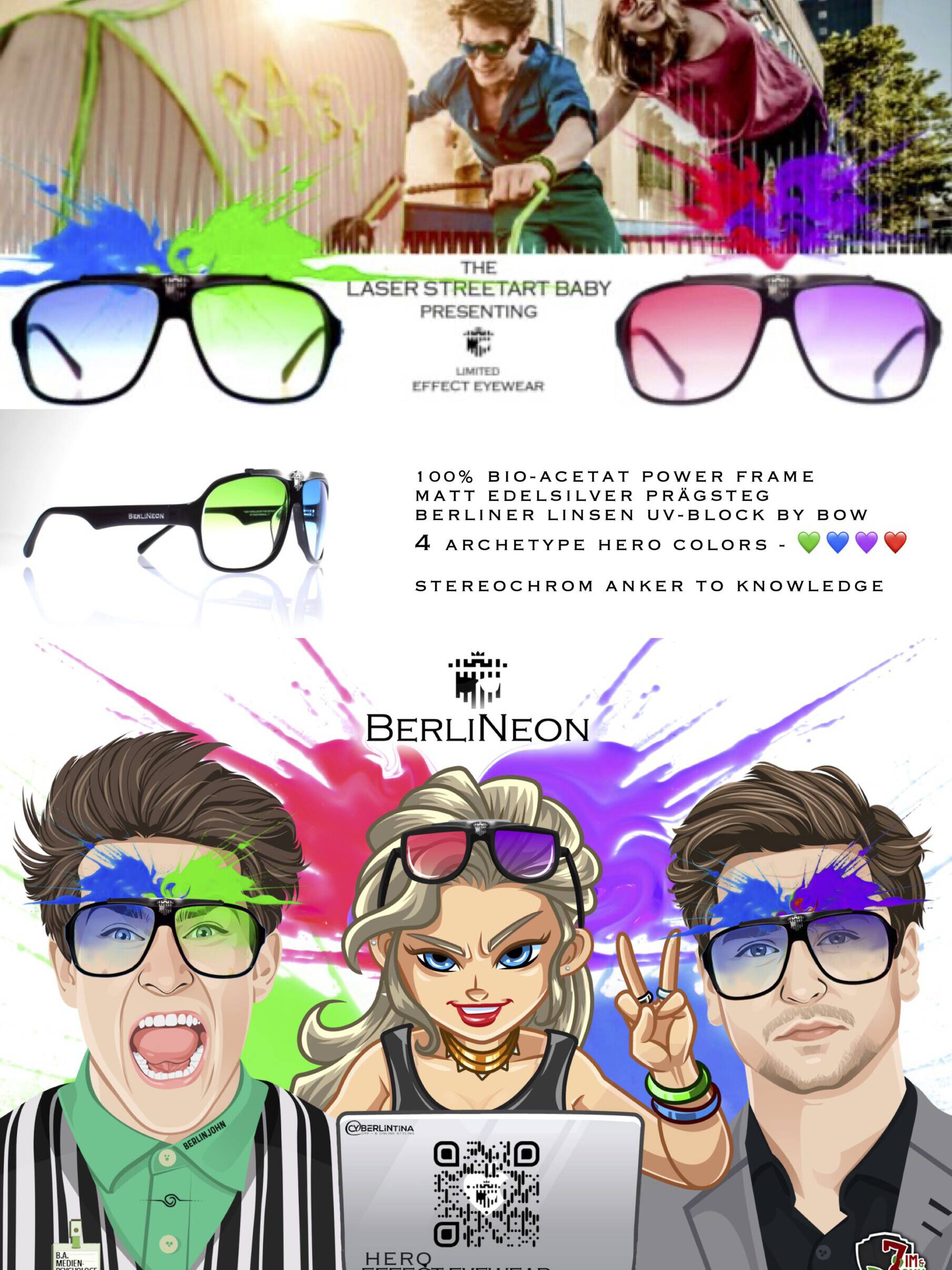 Die HERO Effect Eyewear - BERLINEON. Die Stereochrome Farbkombination färbt dir deinen Tag von grau zu Sau. Geil, dass dabei dein Helden Modus im Gehirn trainiert wird - genau genommen die Brücke zwischer linken und rechten Hemisphäre - Corpus Callosum. Damit steigert sich deine Kreativität, Gedächtnisleistung und Humorgabe während du mit deinem Lieblings Farbenpaar deine Welt verschönerst. 100% plant-based Bio-Acetat vollrand Aviator style Edelstahl Steg mit Siegelstempel und integrierter Kupferspirale und Feder Scharnieren Berliner Farbfilter Linsen von BOW (Berliner Optik Werk)